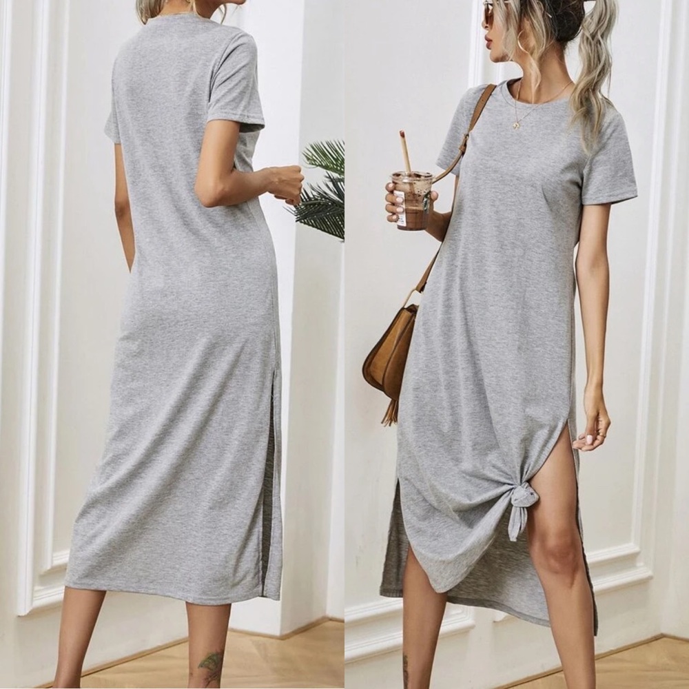 Minimalist midi tee shirt dress slit short sleeve - Picture 2 of 6